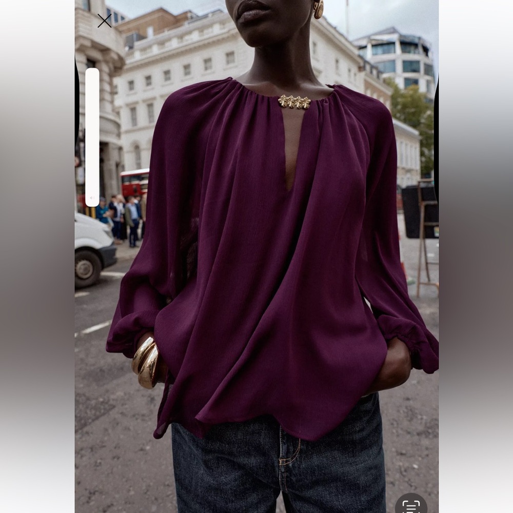 Zara Semi-Sheer Hardware Dark Eggplant Blouse with Jewel Detail Large